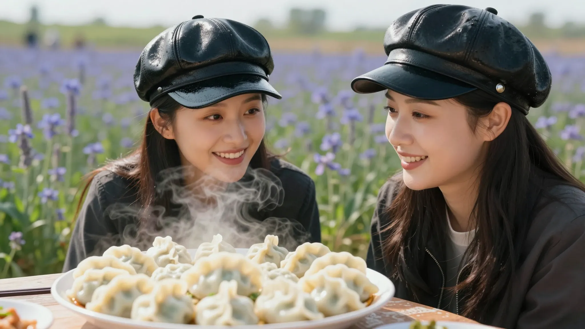 Two joyful Chinese women in a cornflower field, wearing over...