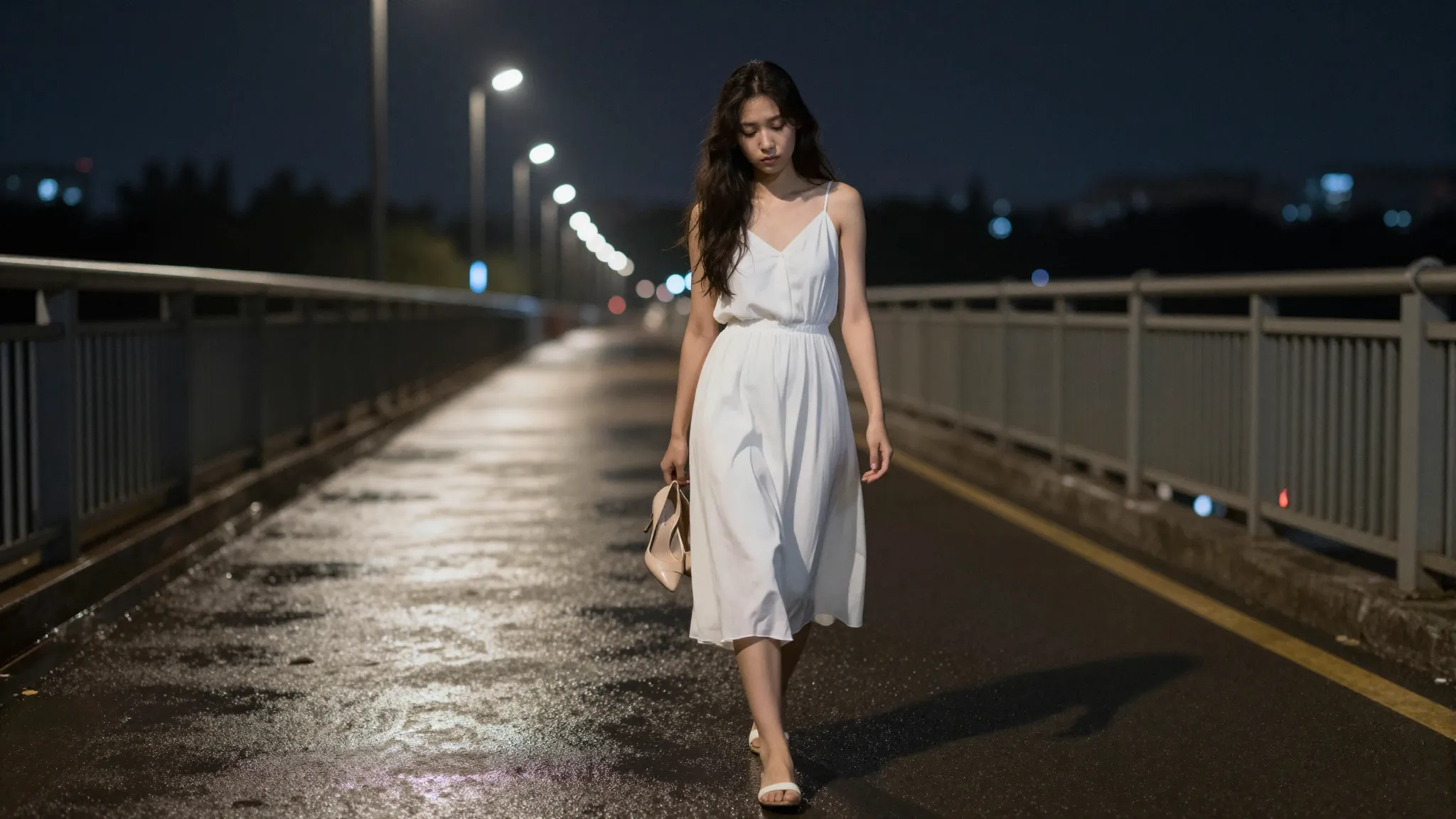 A tired young woman in a long white dress walking slowly on ...