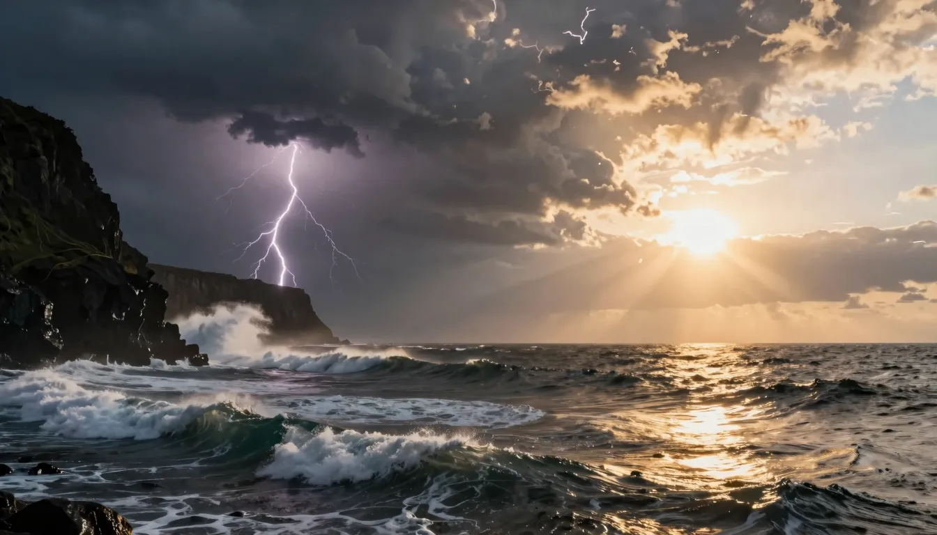 Cinematic wide shot of a powerful stormy ocean with massive ...