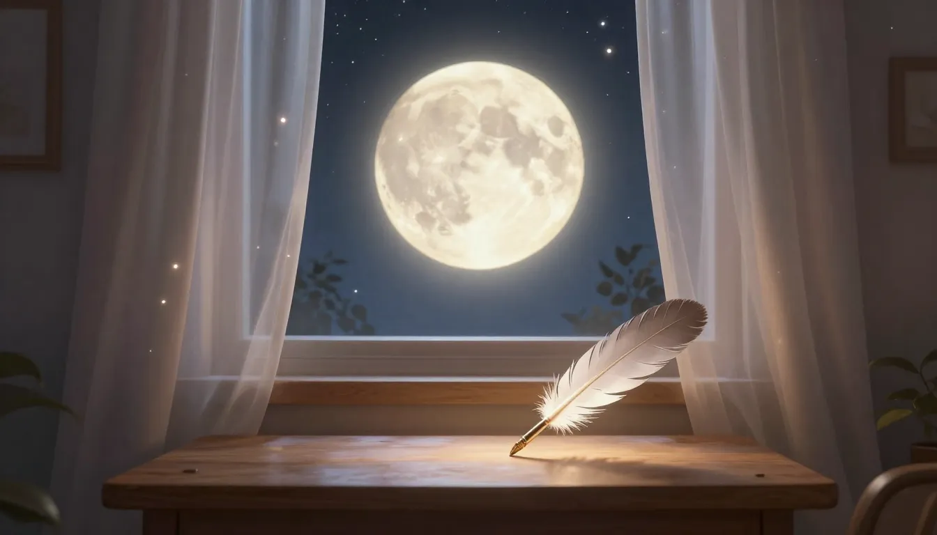 A cozy bedroom window view of a giant glowing moon, soft sta...