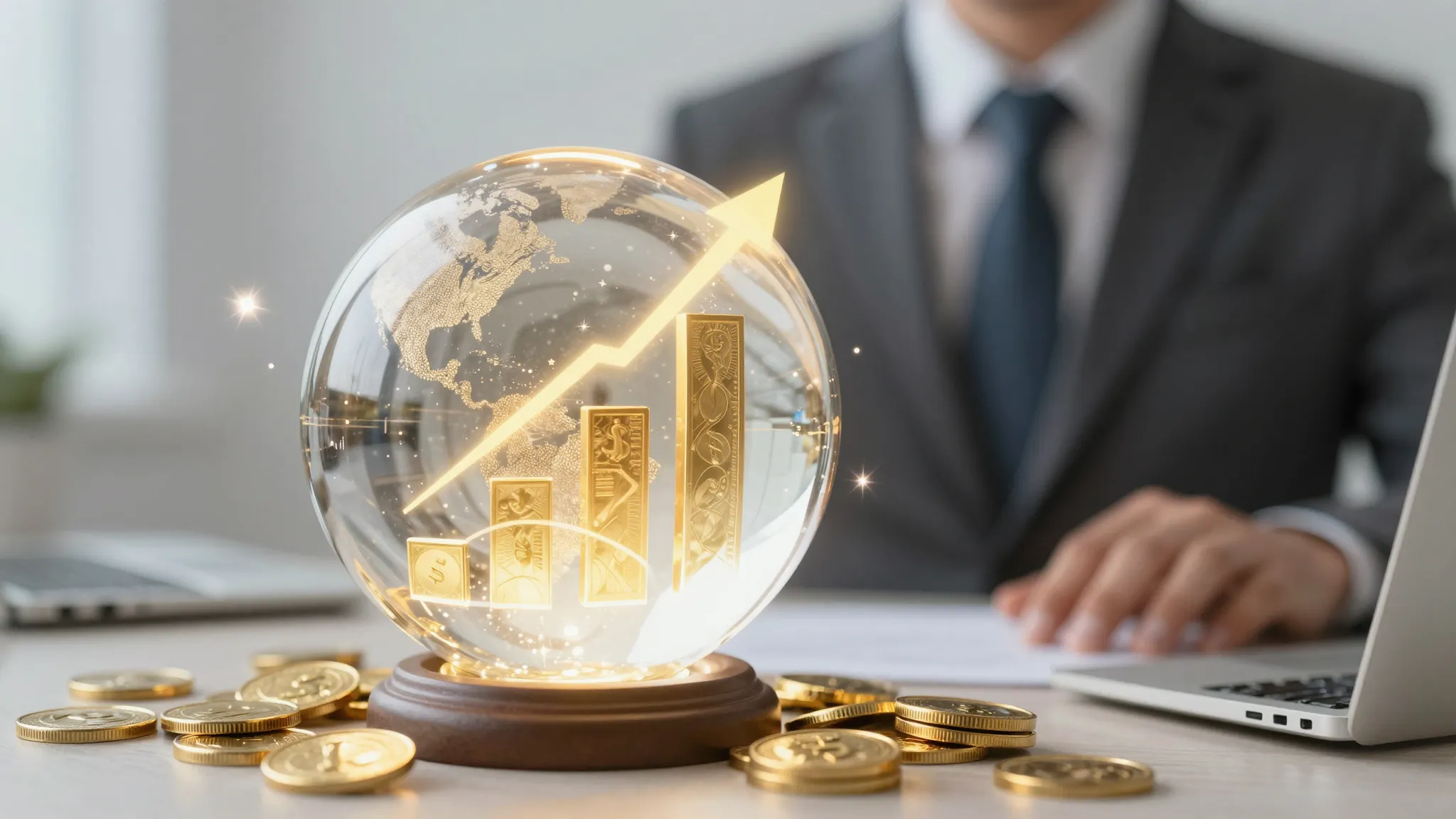 A glowing crystal ball showing rising bar charts and golden ...