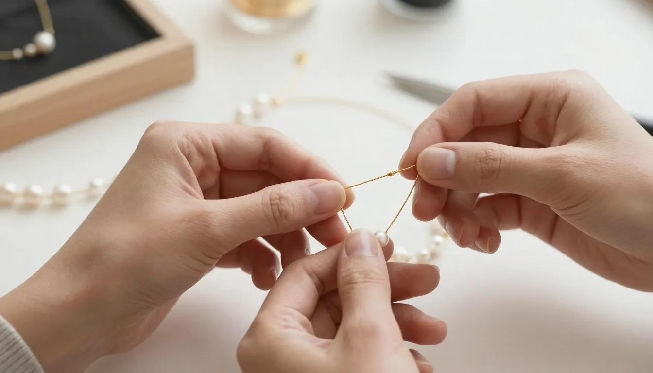 Hands of a jeweler assembling a delicate necklace with pearl...
