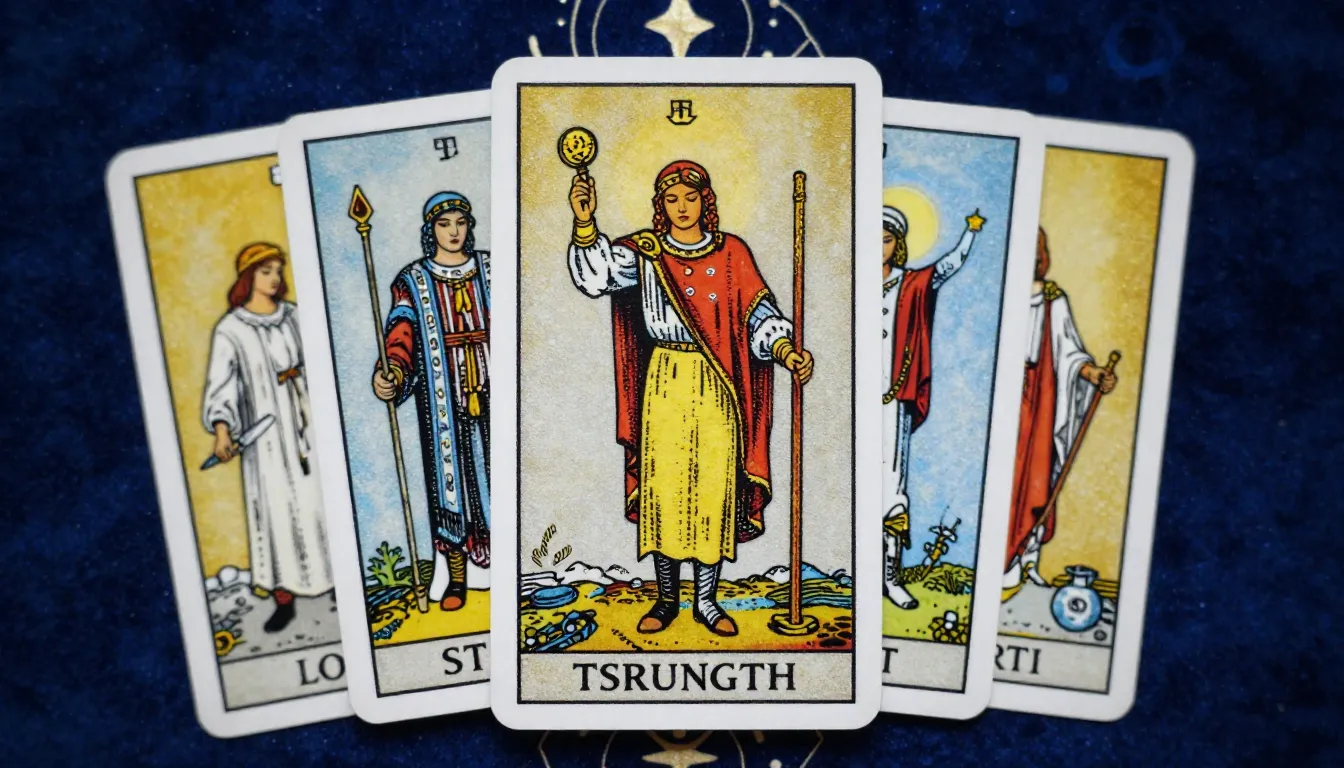 Tarot cards Strength and Five of Cups combined in a single a...