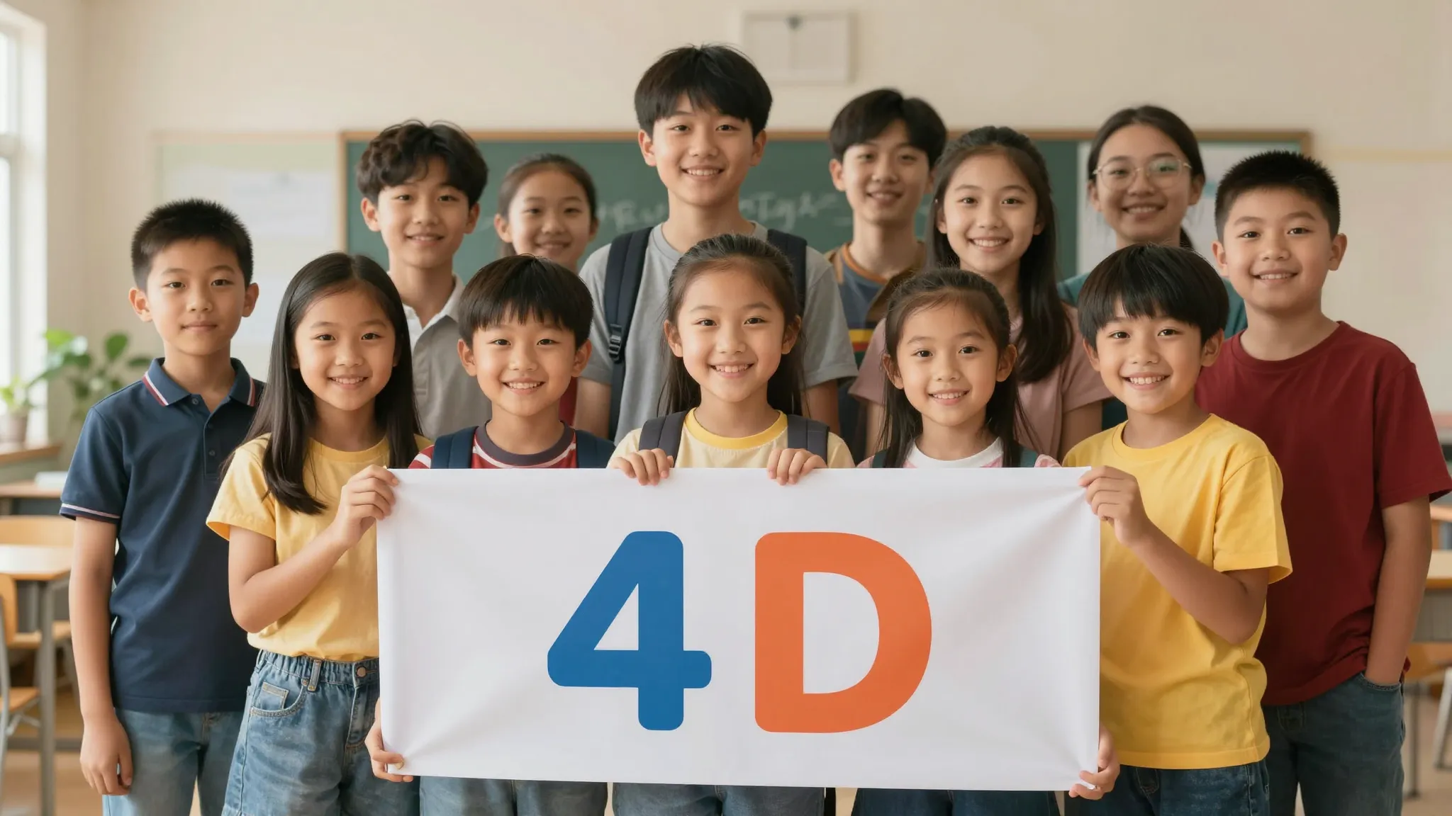A joyful group of elementary school students standing togeth...