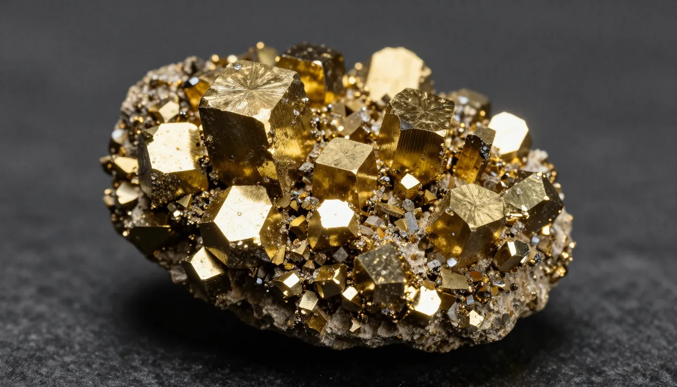Macro photography of a raw pyrite crystal cluster, metallic ...