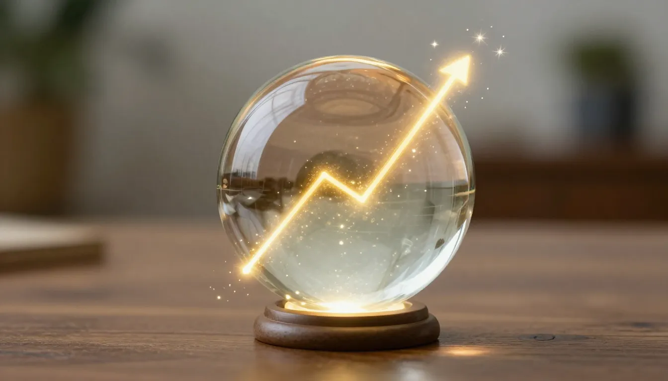 A glowing crystal ball on a wooden table showing a rising go...