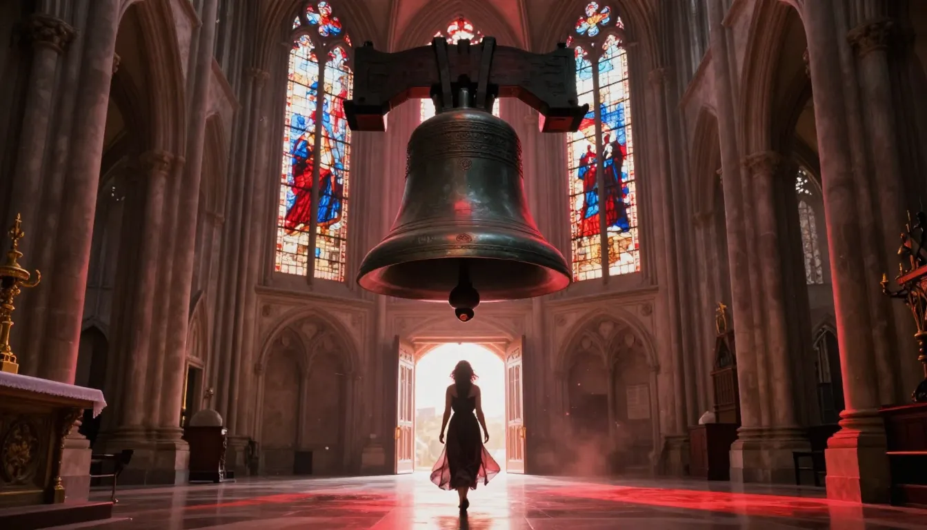 A dramatic interior of a gothic cathedral. A massive bronze ...