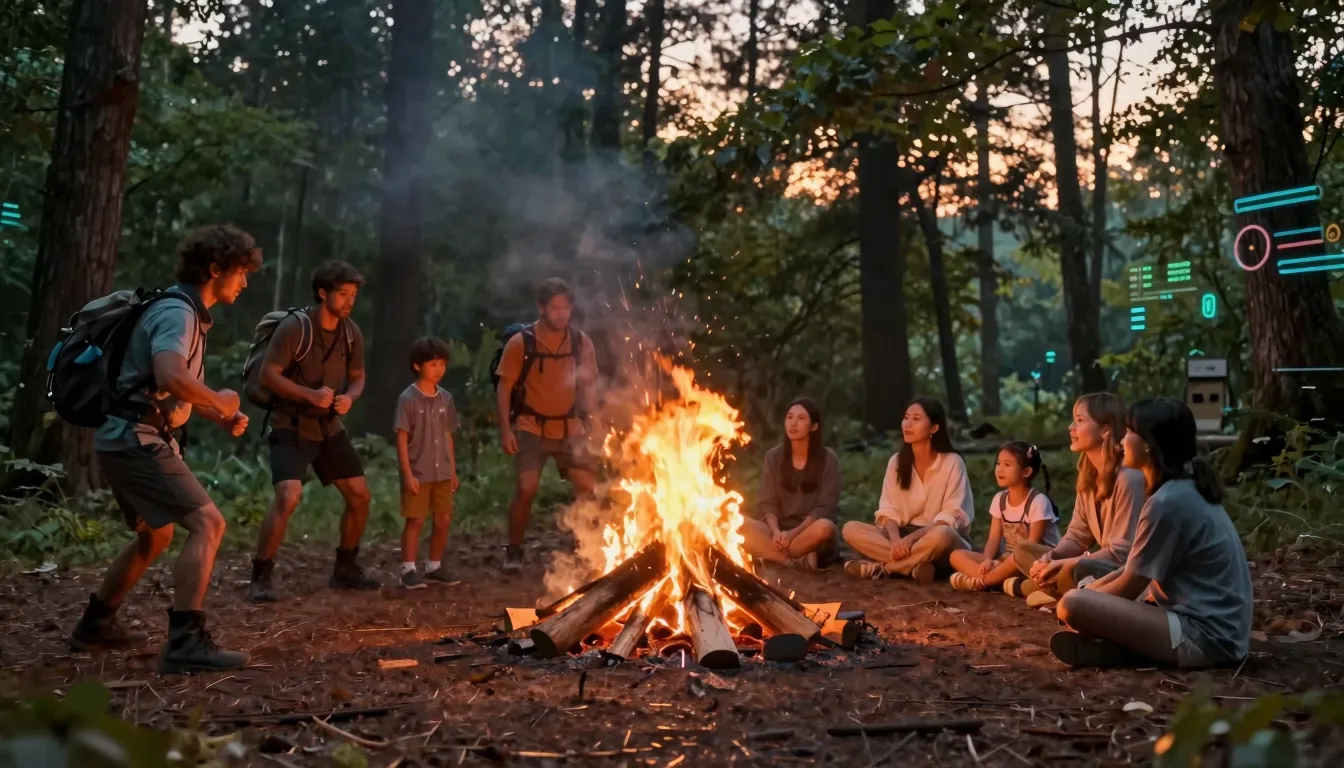 A cinematic family gathering in a forest at sunset. A large ...
