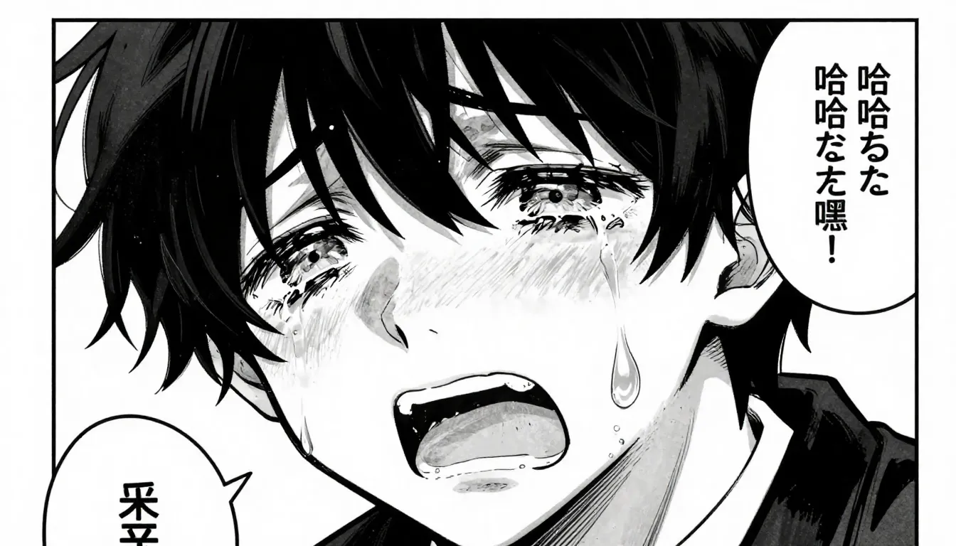 Manga panel, close up of a crying anime boy face, dramatic t...