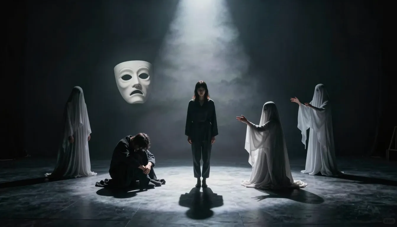A person standing in the center of a dark, misty stage. Mult...