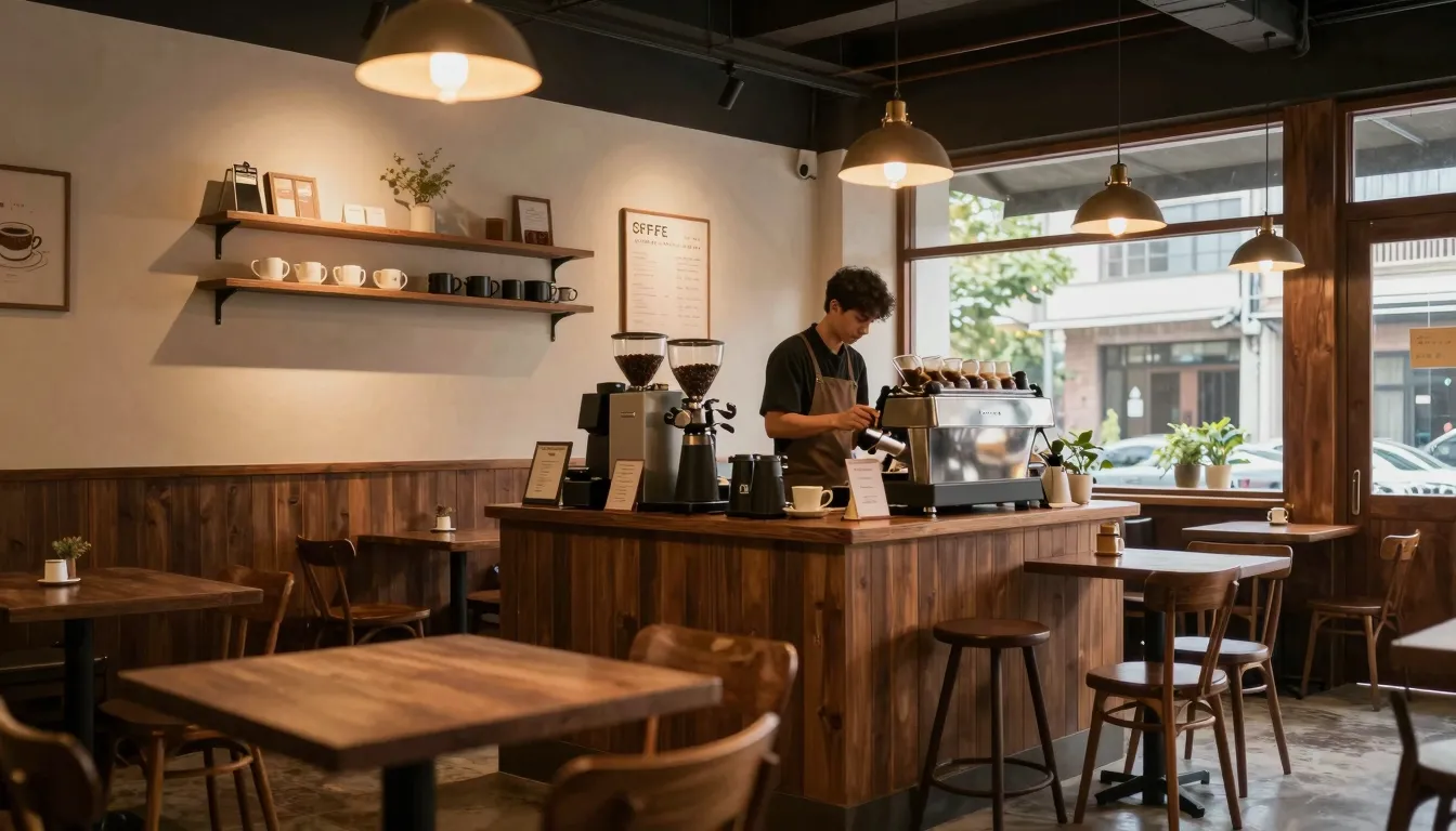 A cozy modern coffee shop interior with warm lighting, woode...