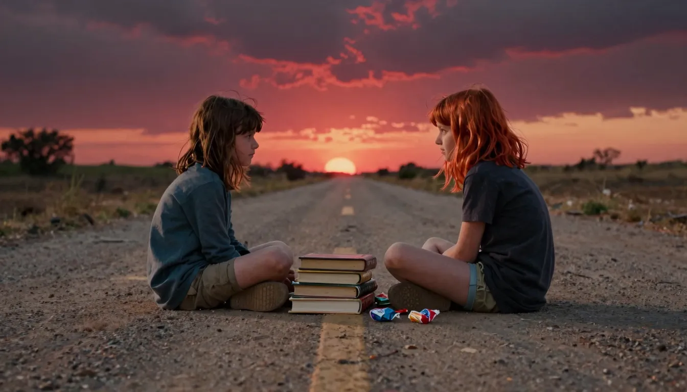 Two kids sitting on a dusty road at sunset, a pile of books ...