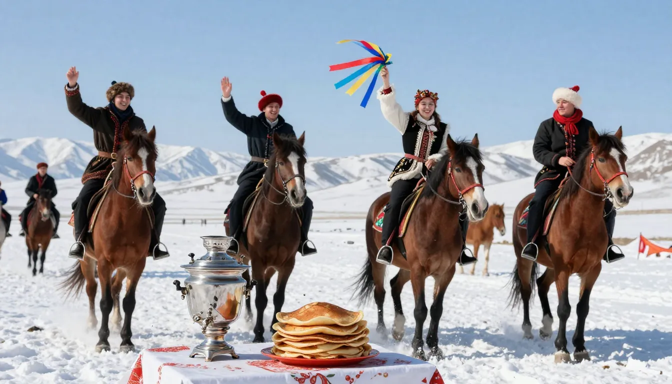 A joyful scene of people on horseback in a sunny, slightly s...
