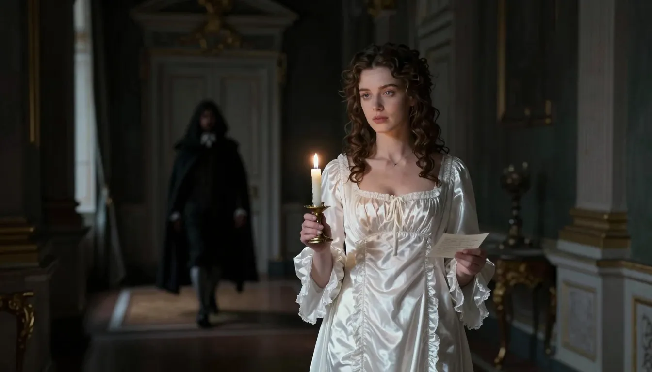 A beautiful young woman in a white silk 17th-century nightgo...