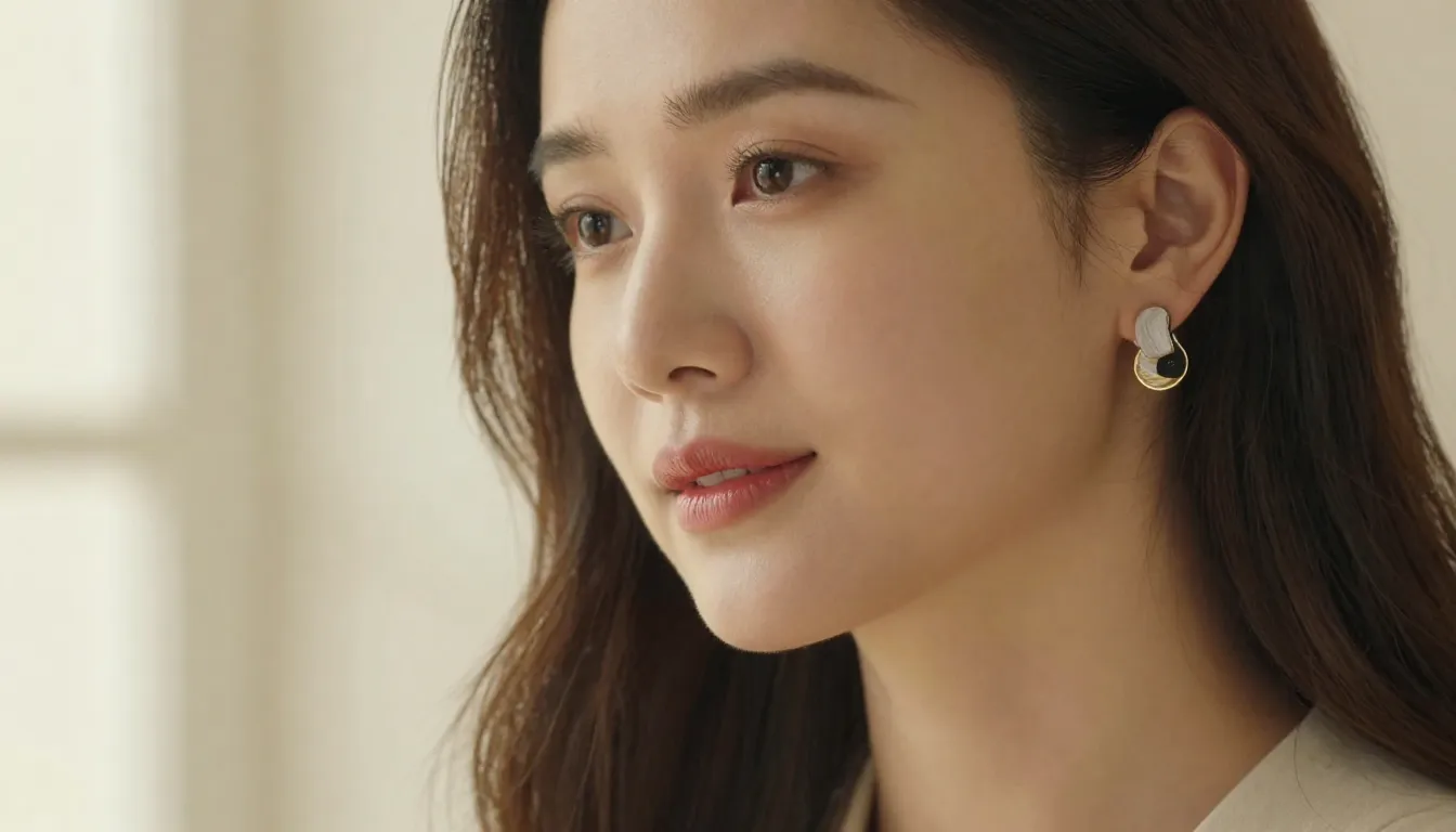 A close-up portrait of a radiant woman wearing elegant handm...