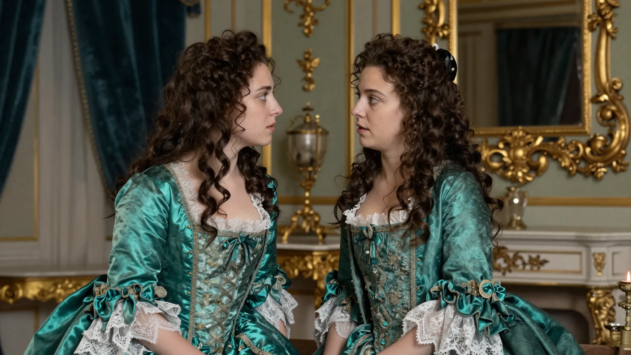 A dramatic 17th-century French scene, a haughty noblewoman w...