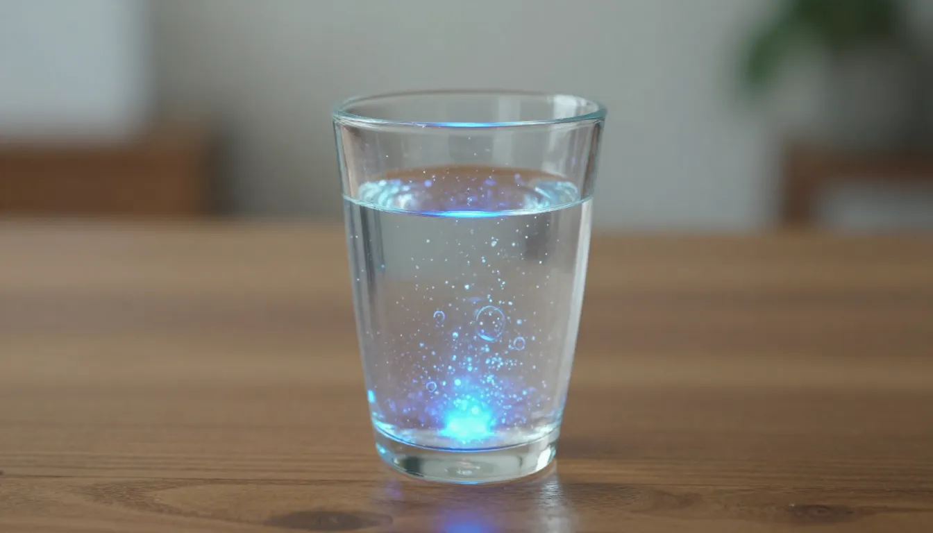 A sparkling glass of water on a wooden table, magical blue l...
