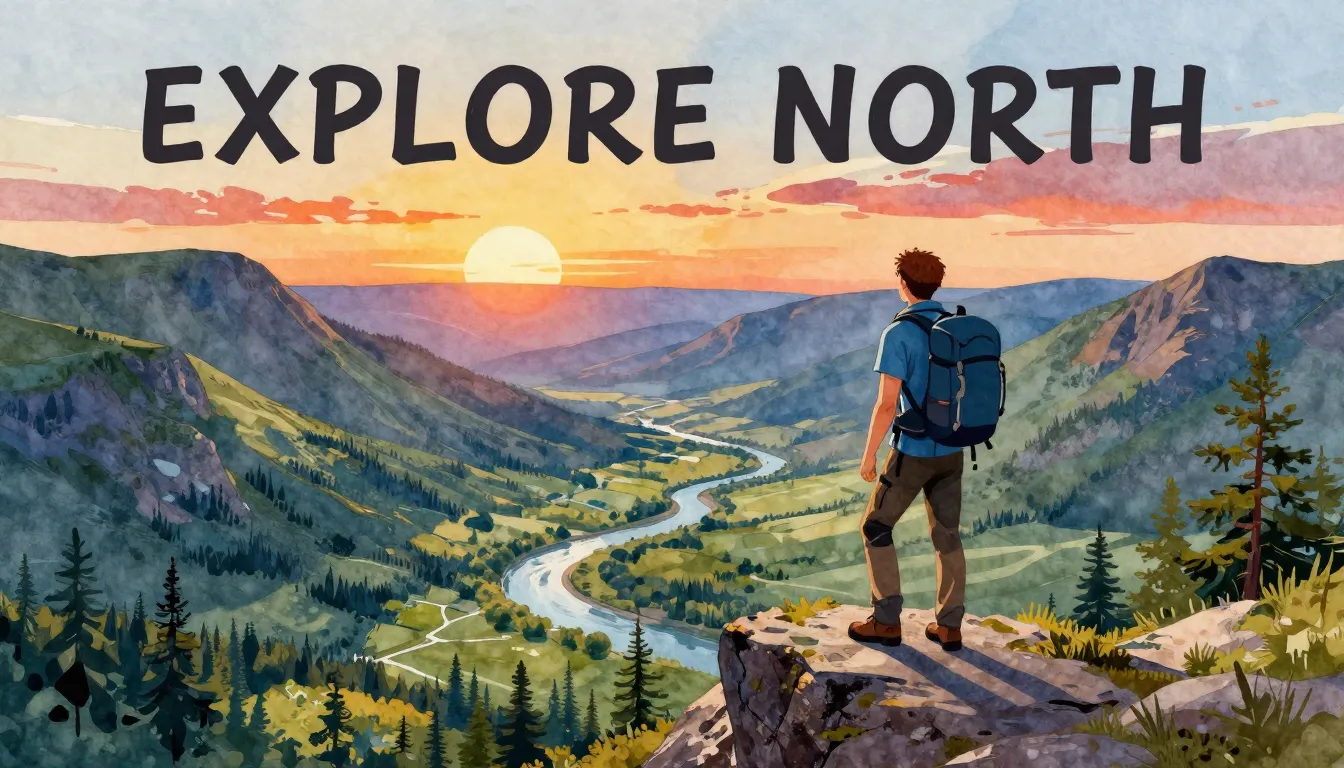 Vibrant watercolor illustration of a hiker standing on a cli...