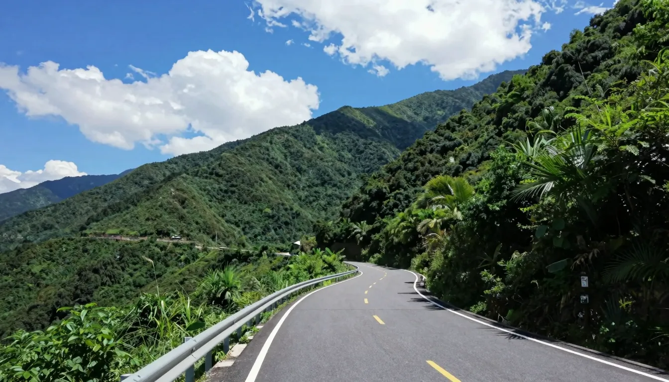 A scenic winding road through lush green mountains under a b...
