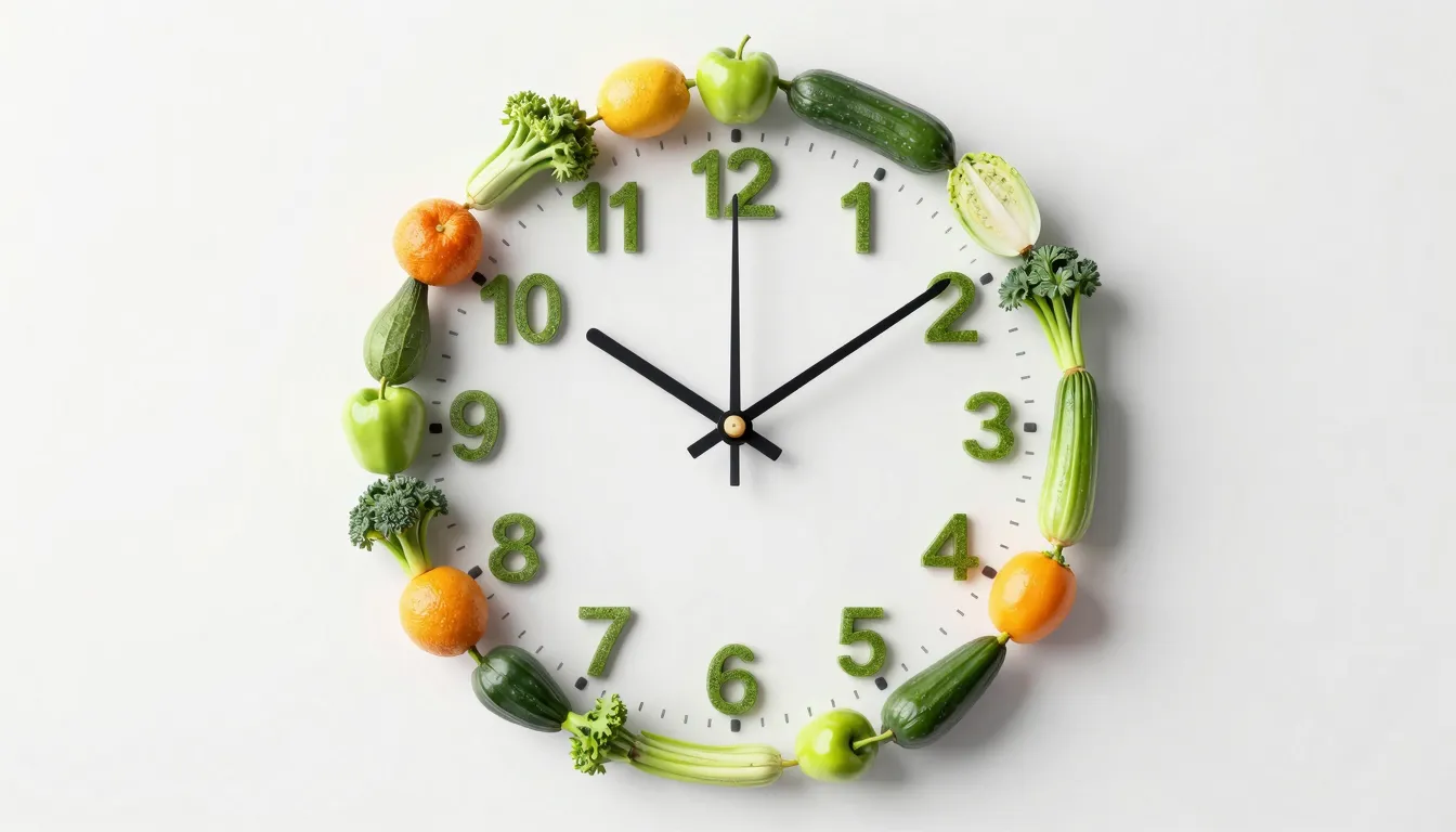 A clock made of fresh fruits and vegetables, symbolizing reg...