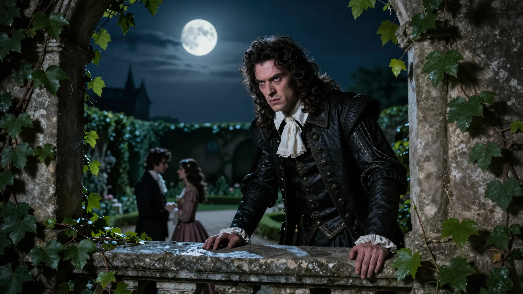 A sinister young nobleman watching from a dark stone balcony...