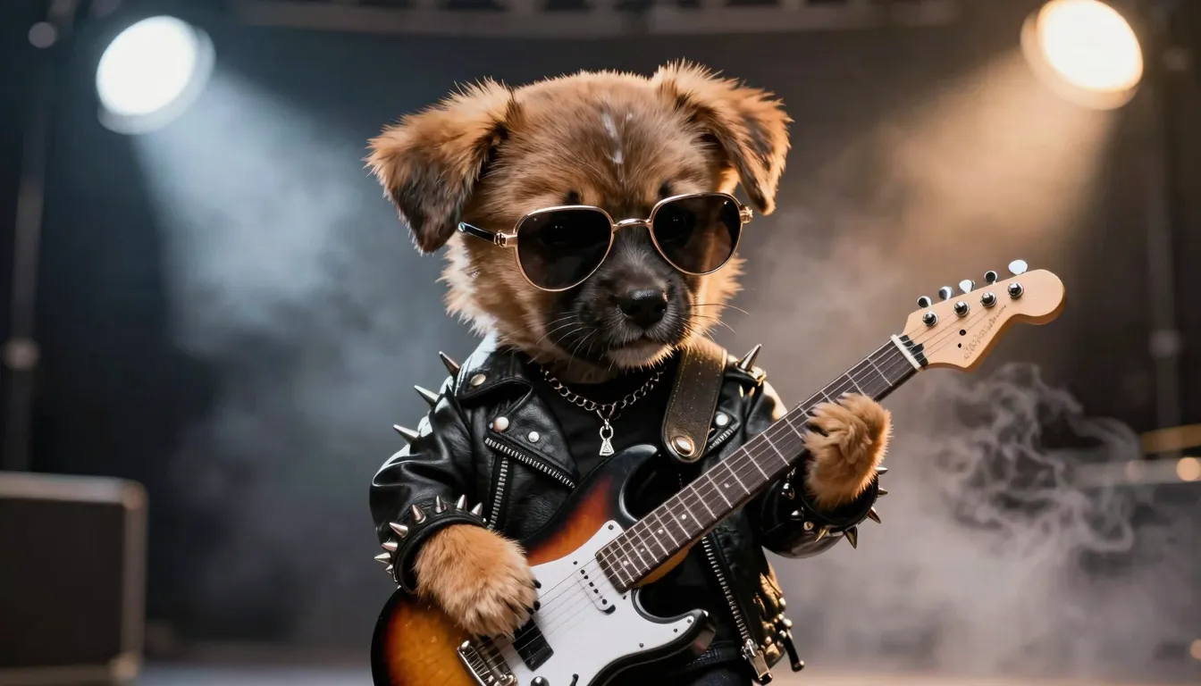 A cute puppy wearing heavy metal accessories, spikes and lea...
