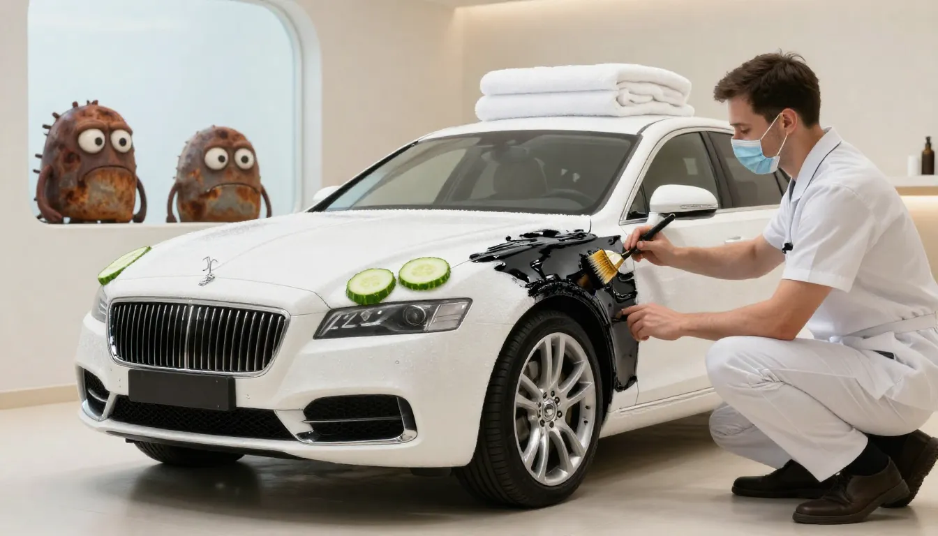 A humorous 3D illustration of a car in a luxury spa. The car...