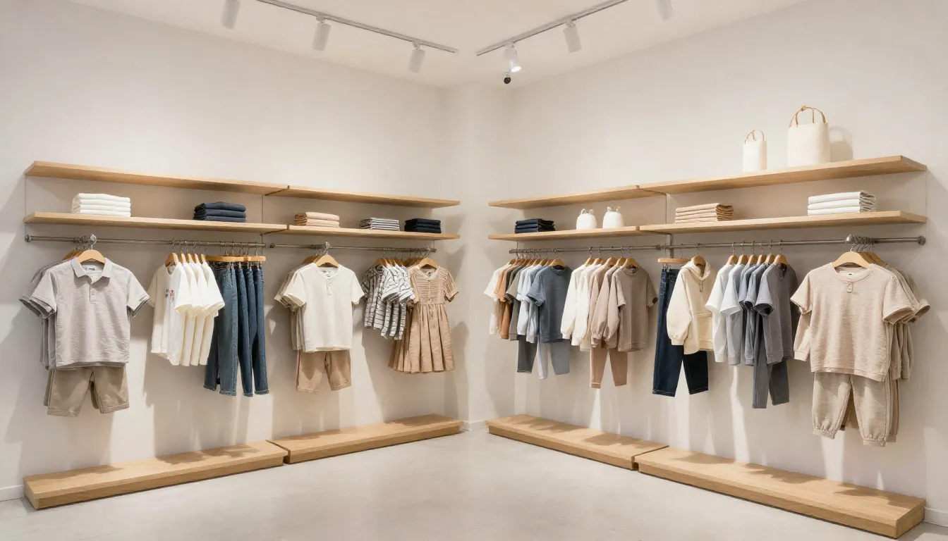 A clean and bright interior of a multi-brand clothing store,...