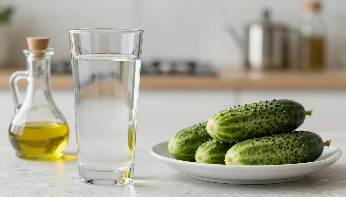 A glass of pure water standing separately from a plate of fr...