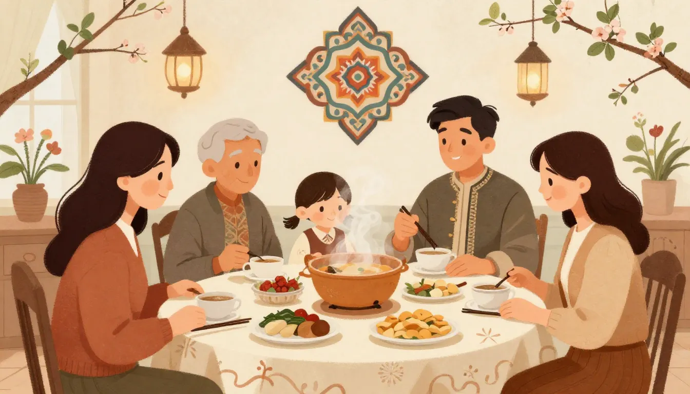 Warm family gathering illustration, cozy atmosphere, traditi...