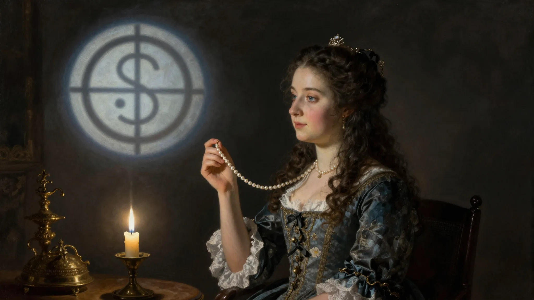 A young 17th-century French noblewoman in a dark room, holdi...