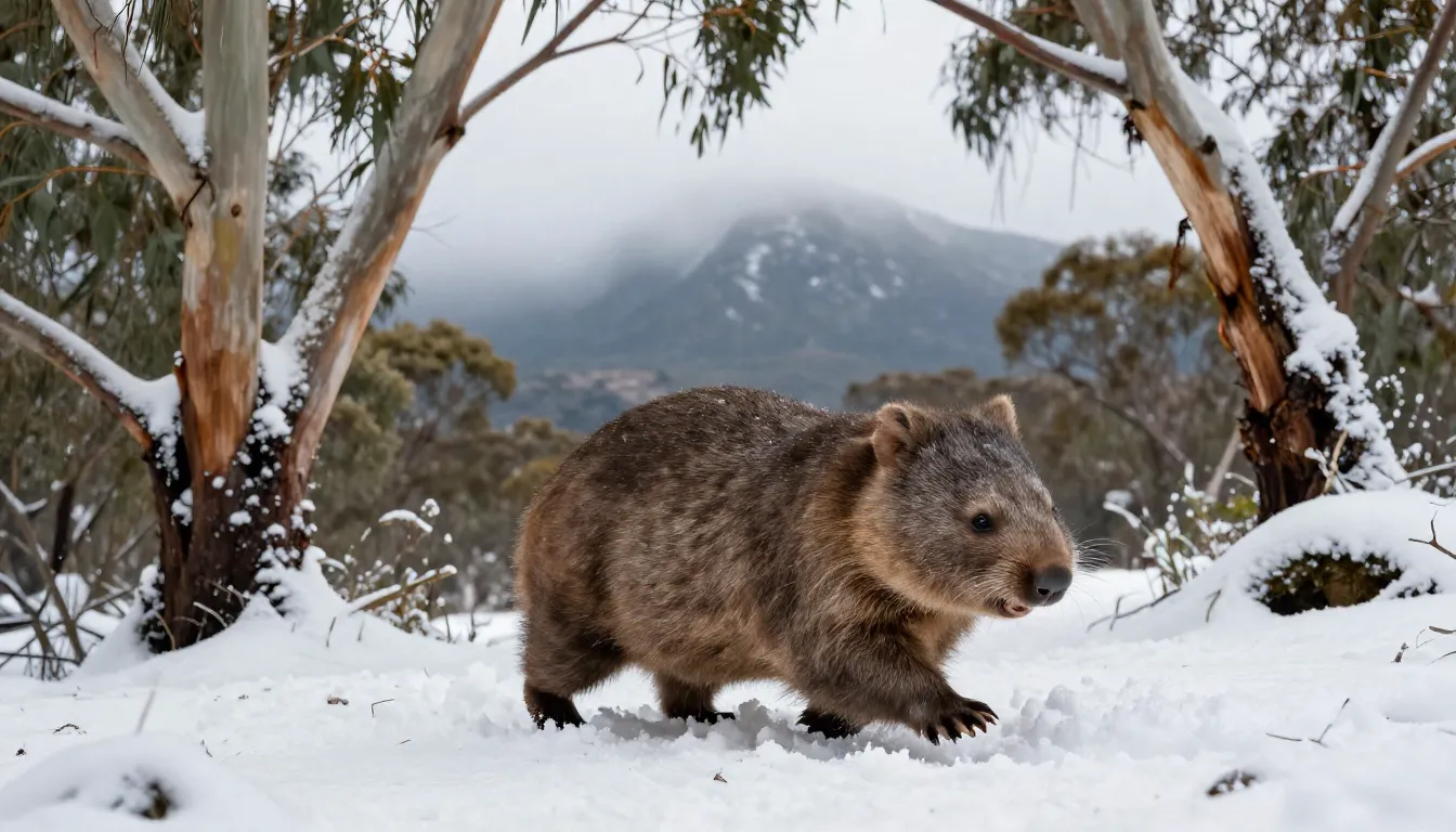 A fluffy wombat walking through the snow in the Tasmanian hi...