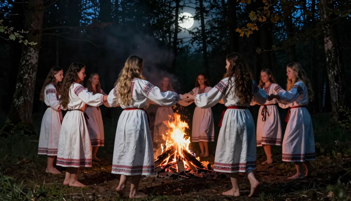 Group of young Slavic women with long hair, wearing traditio...
