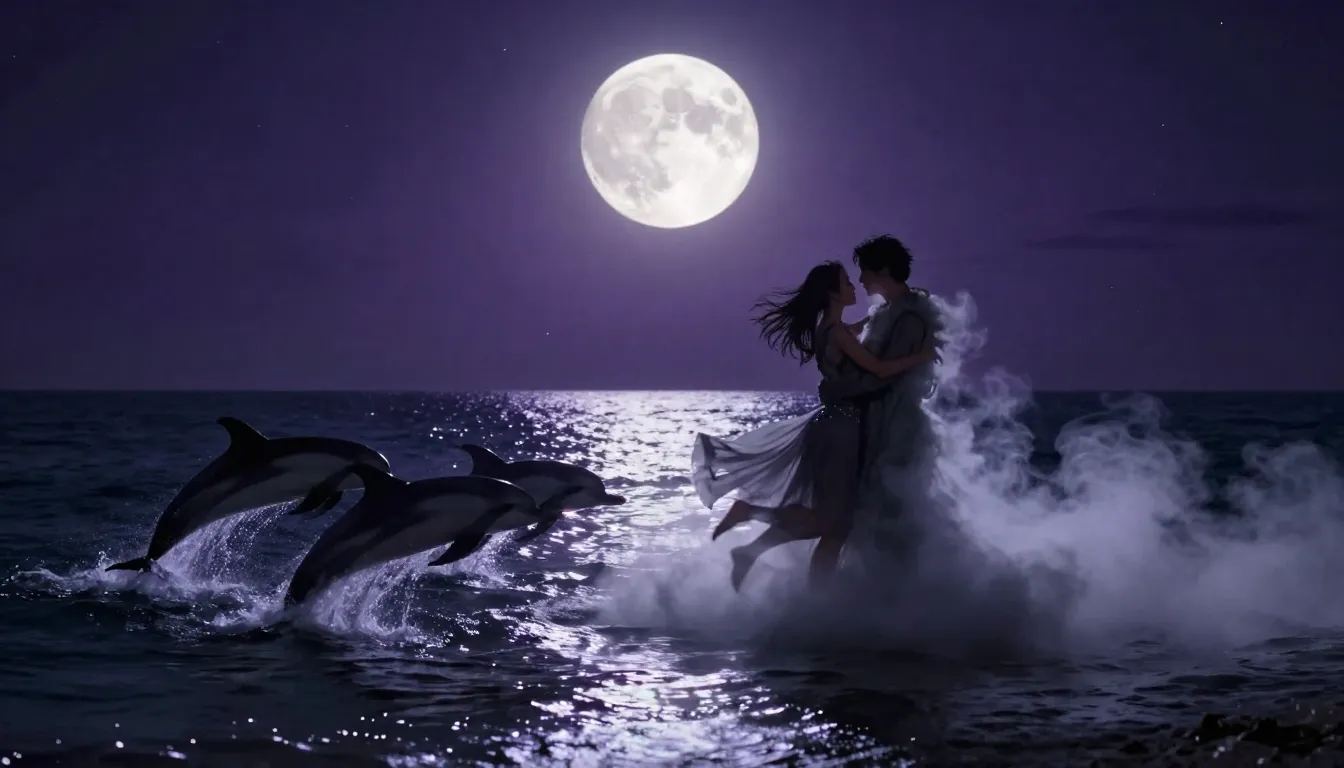 Cinematic wide shot, dark night at the ocean, purple shimmer...