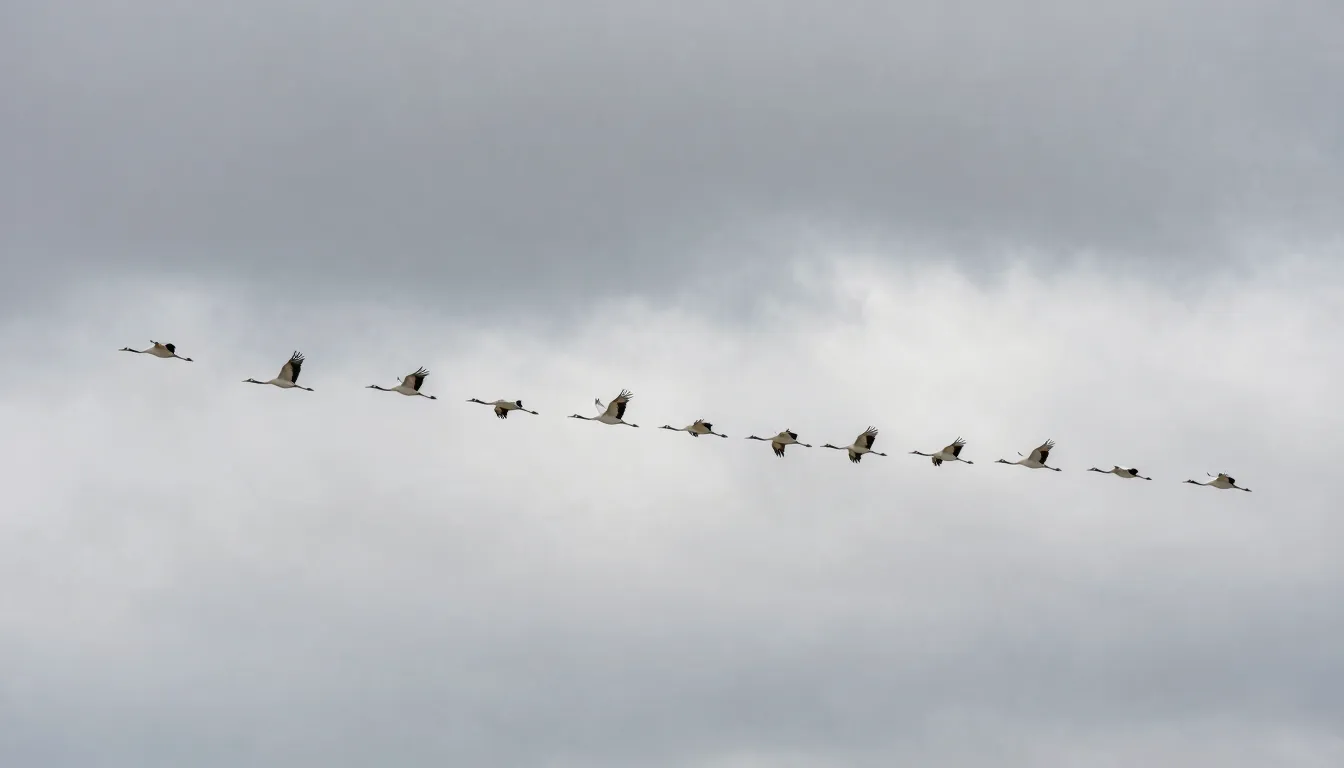 Wide shot of white cranes migrating in a V-shape wedge again...