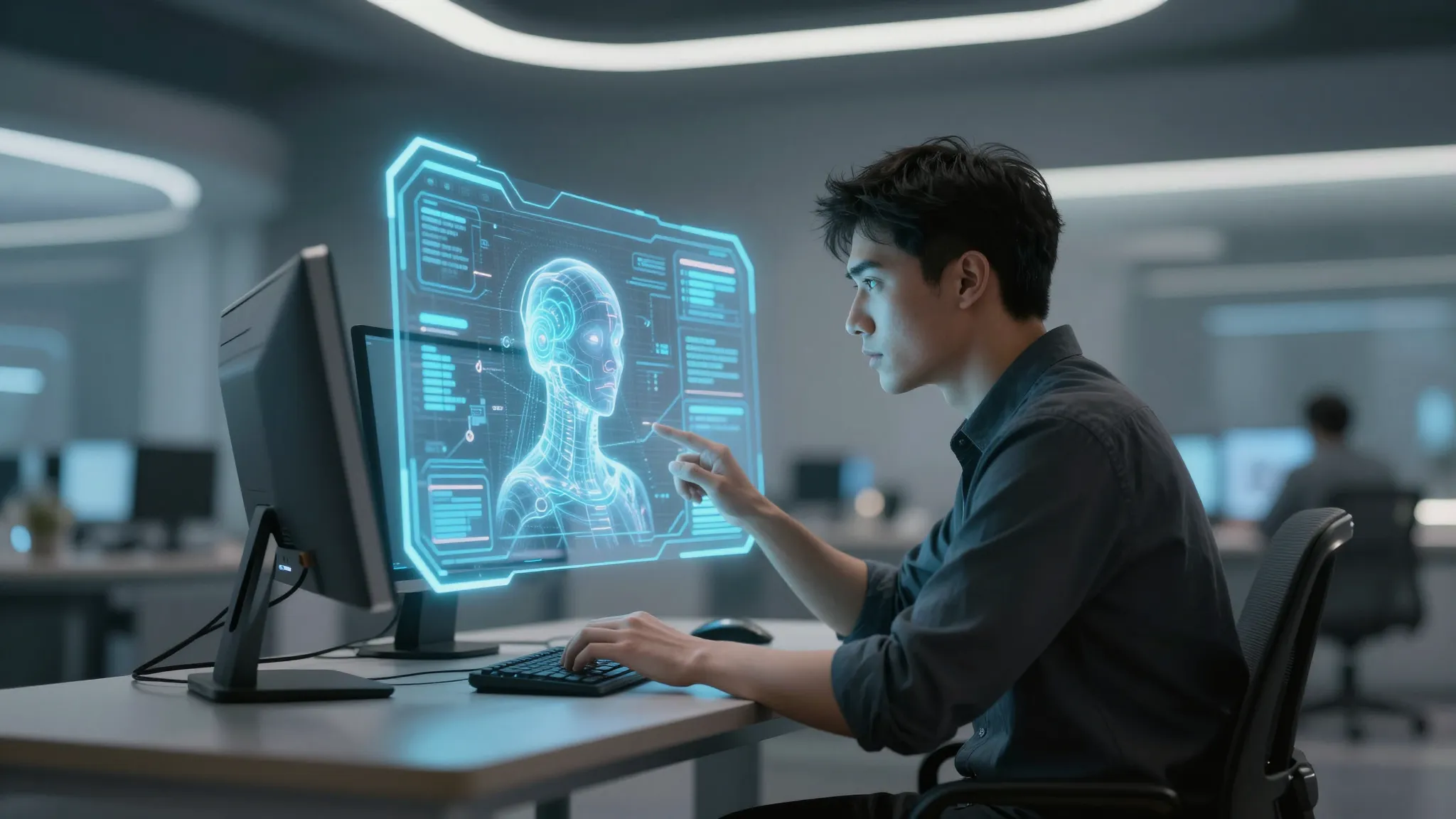 A futuristic programmer working on a holographic interface o...