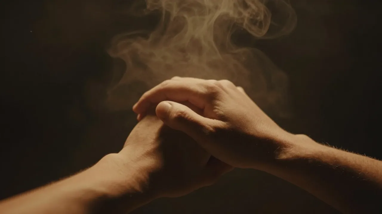 Soft focus cinematic shot of hands intertwined against a dar...