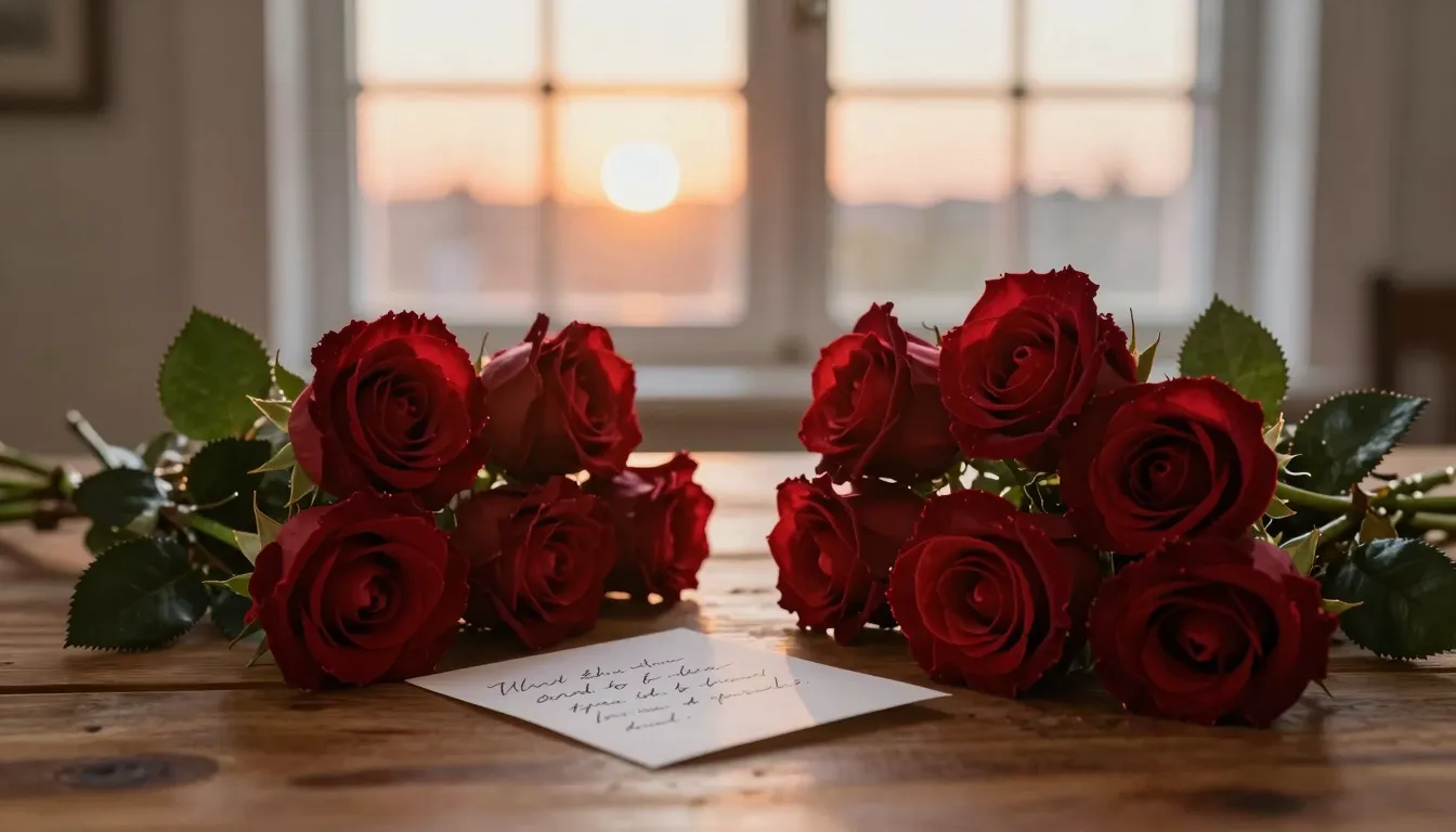 A romantic aesthetic scene with a bouquet of velvet red rose...