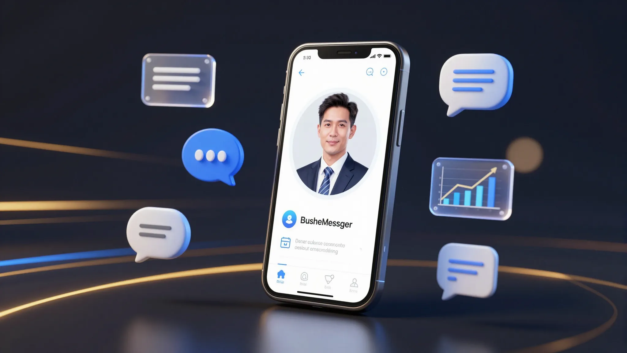 Dynamic 3D infographic for a business messenger, a sleek sma...