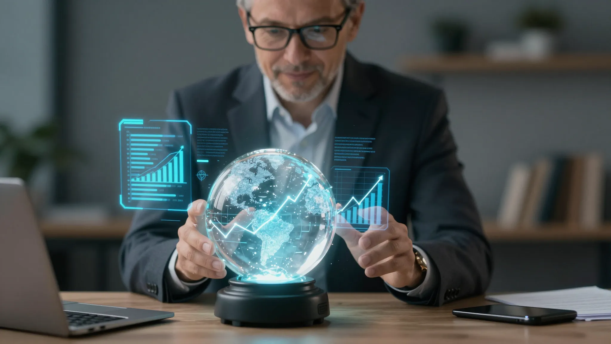 A wise marketing wizard with a glowing crystal ball showing ...