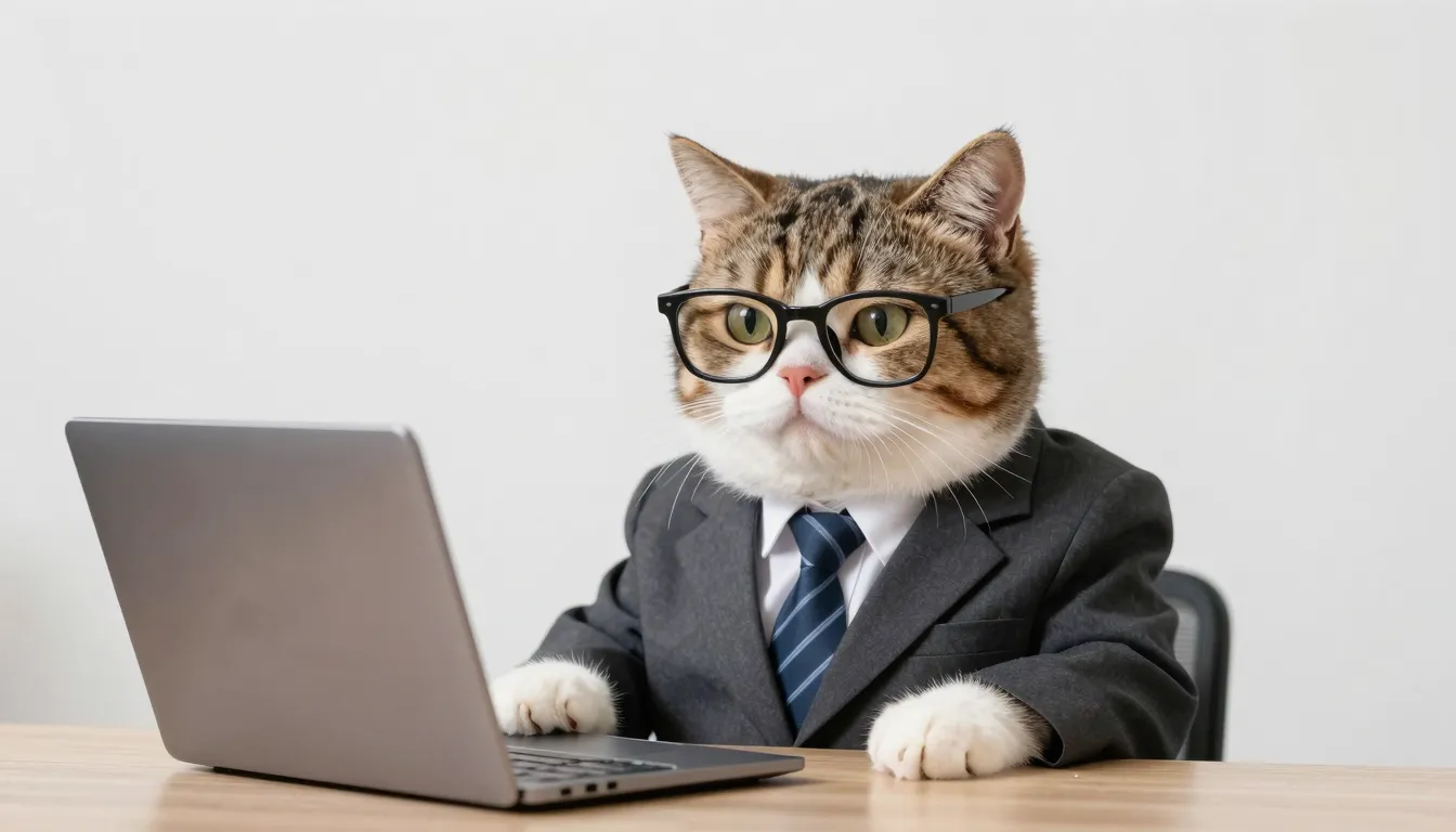 A cute cat wearing a business suit and glasses, sitting in f...