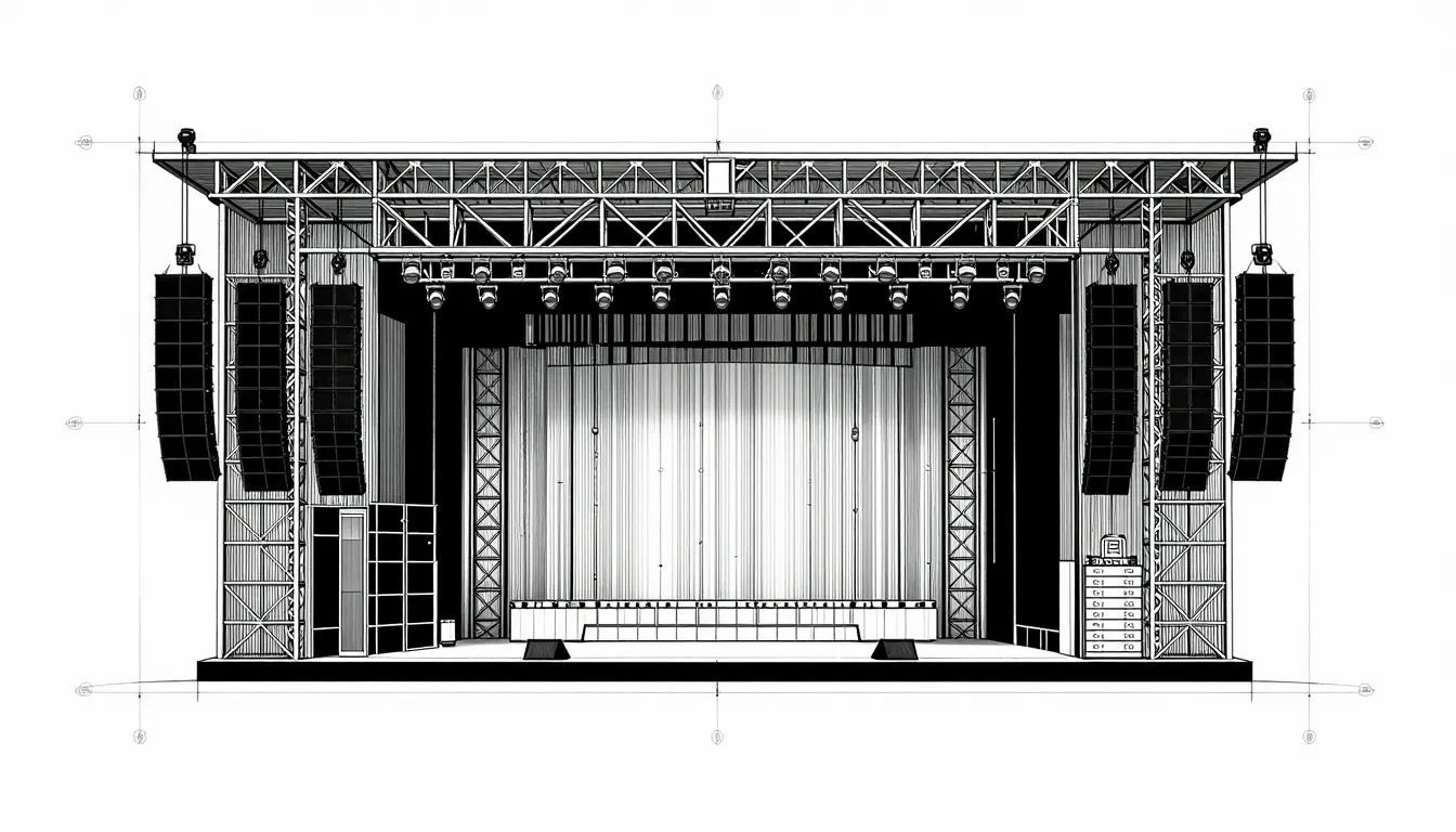 Cross-section blueprint of a concert stage interior, showing...