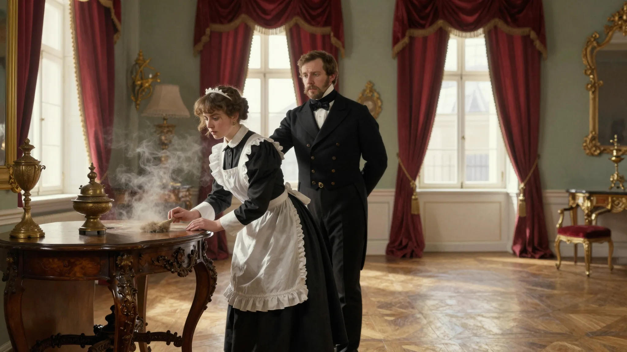 A cinematic scene from 1869 Moscow, inside a grand mansion's...