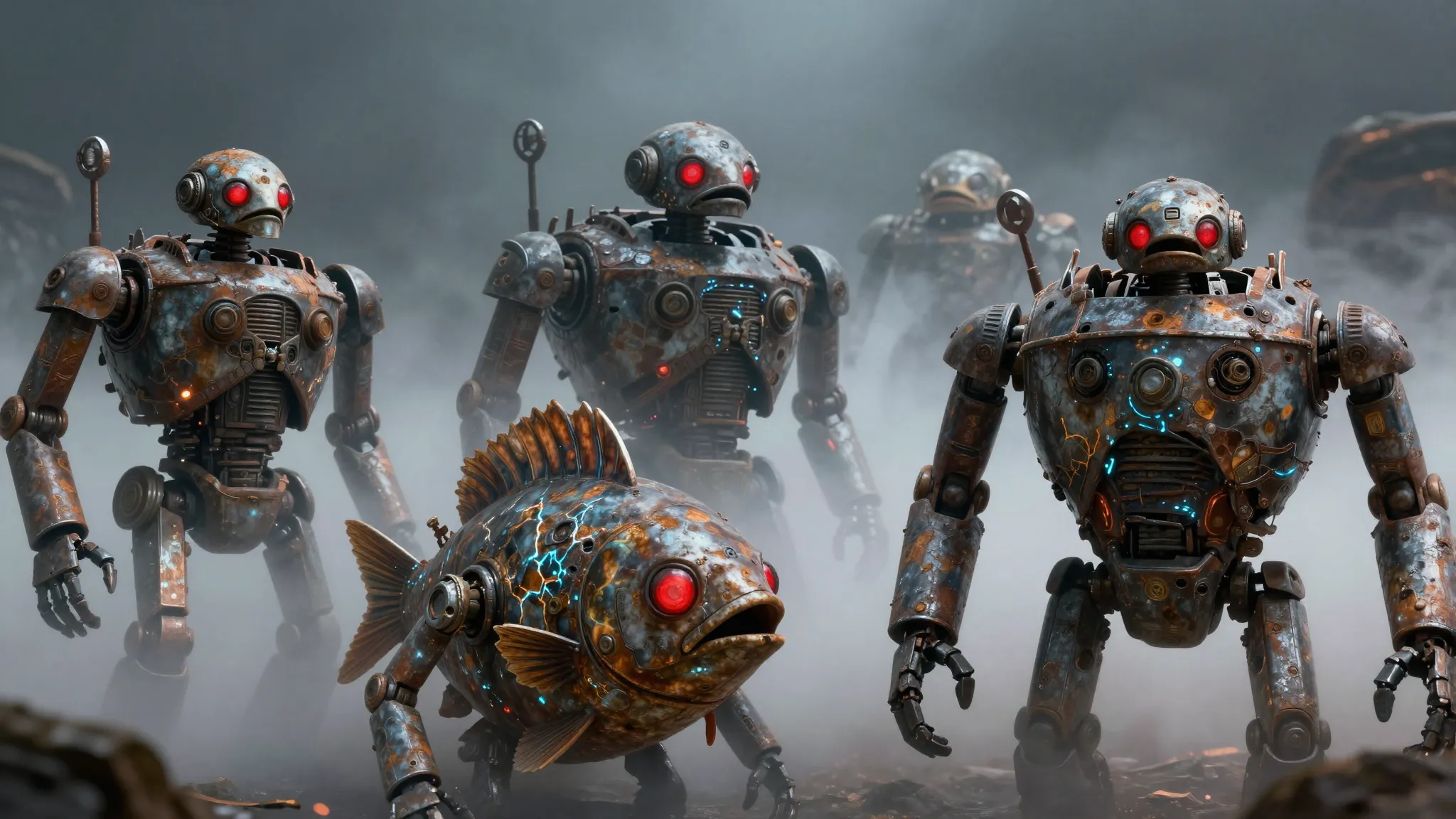 A group of ancient rusty fish-shaped robots emerging from co...