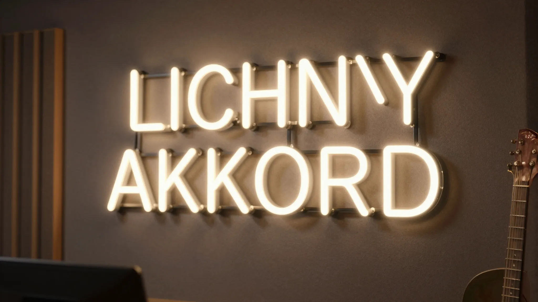 A professional music studio background with a glowing neon s...