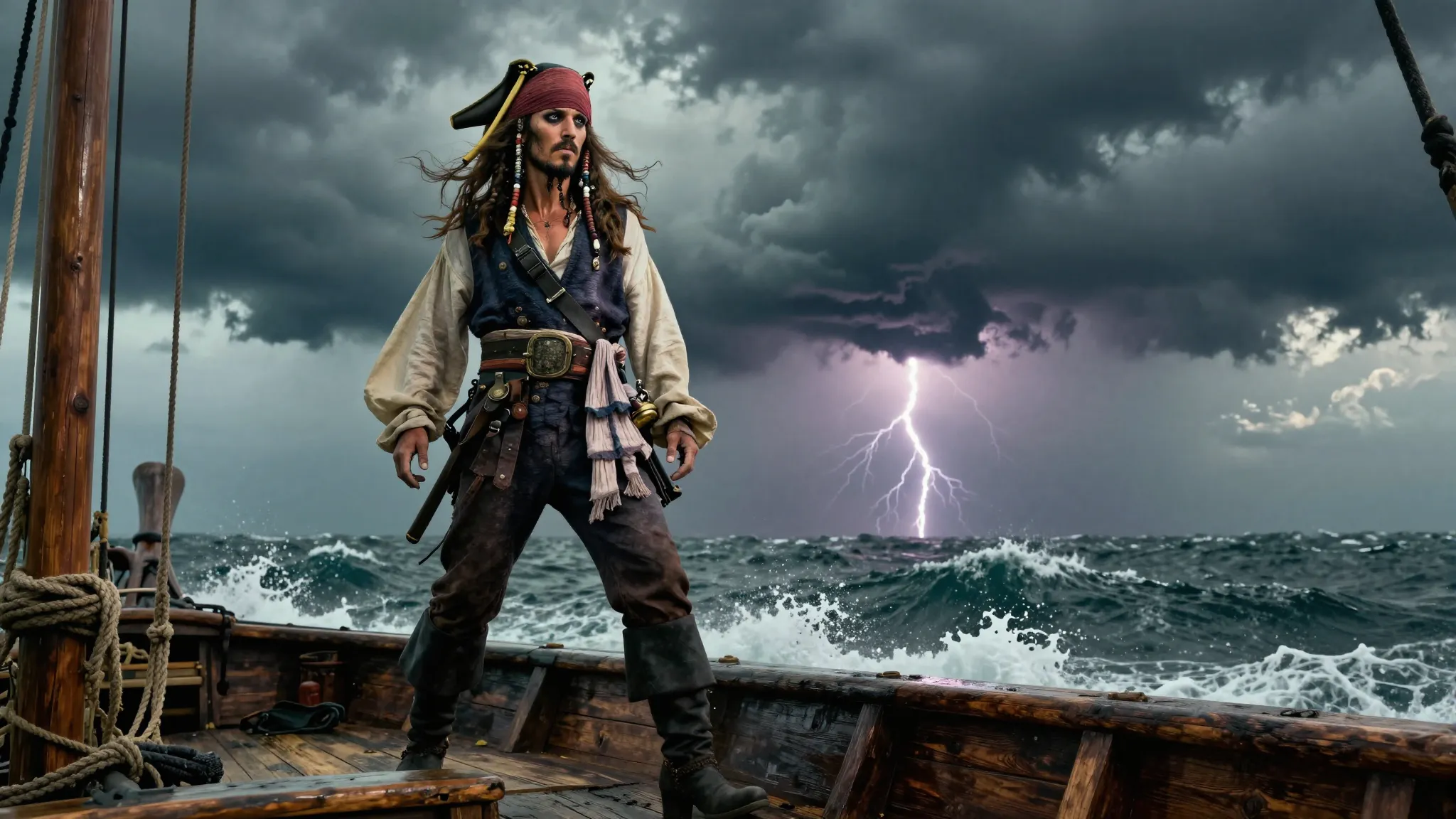 A brave pirate standing on the edge of a wooden ship's bow, ...