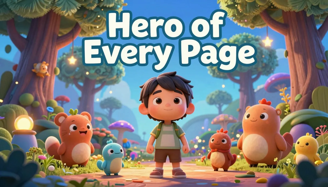 A high-quality 3D Pixar-style book cover titled 'Hero of Eve...