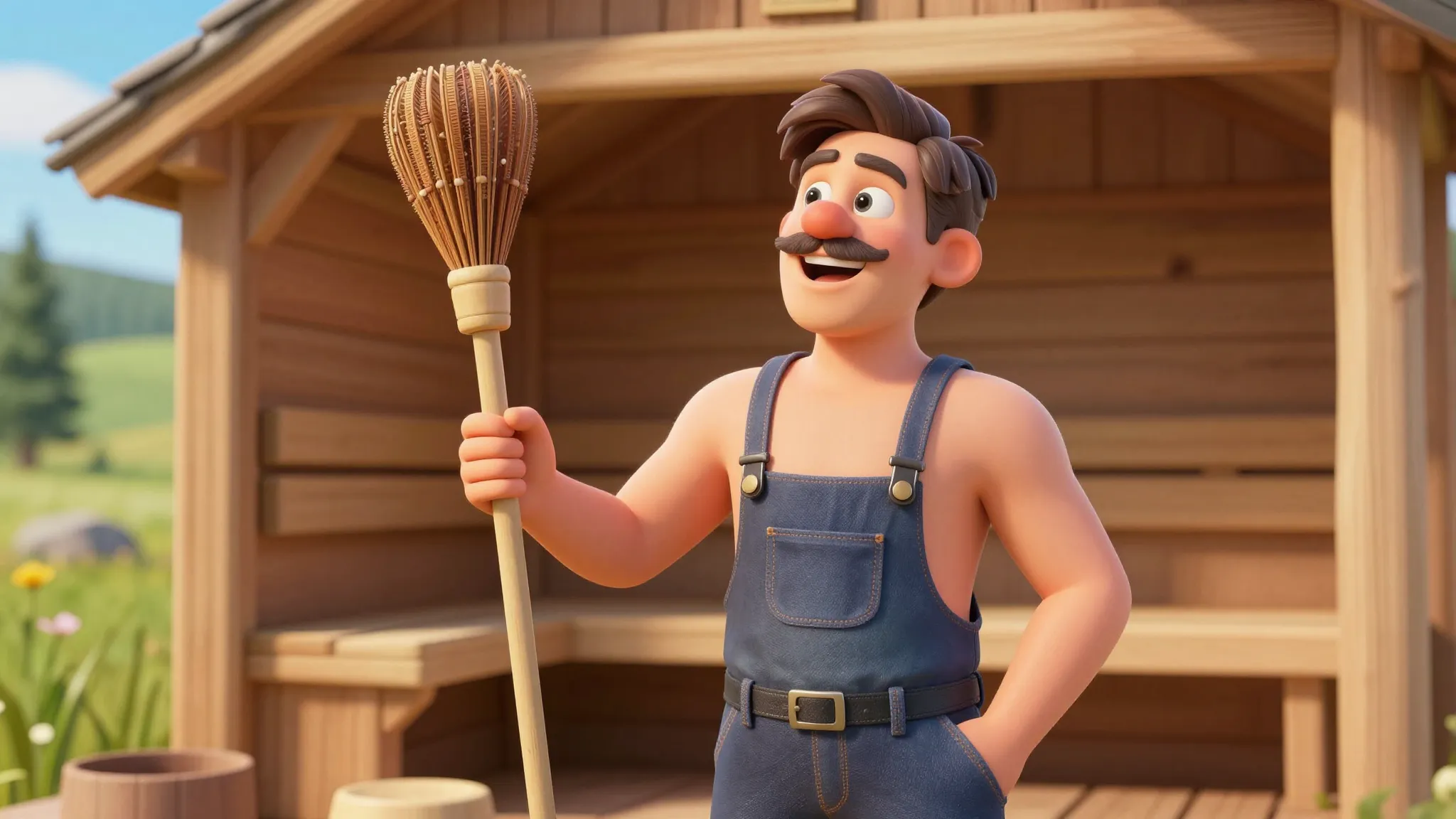 A cheerful businessman in a rural setting, holding a traditi...