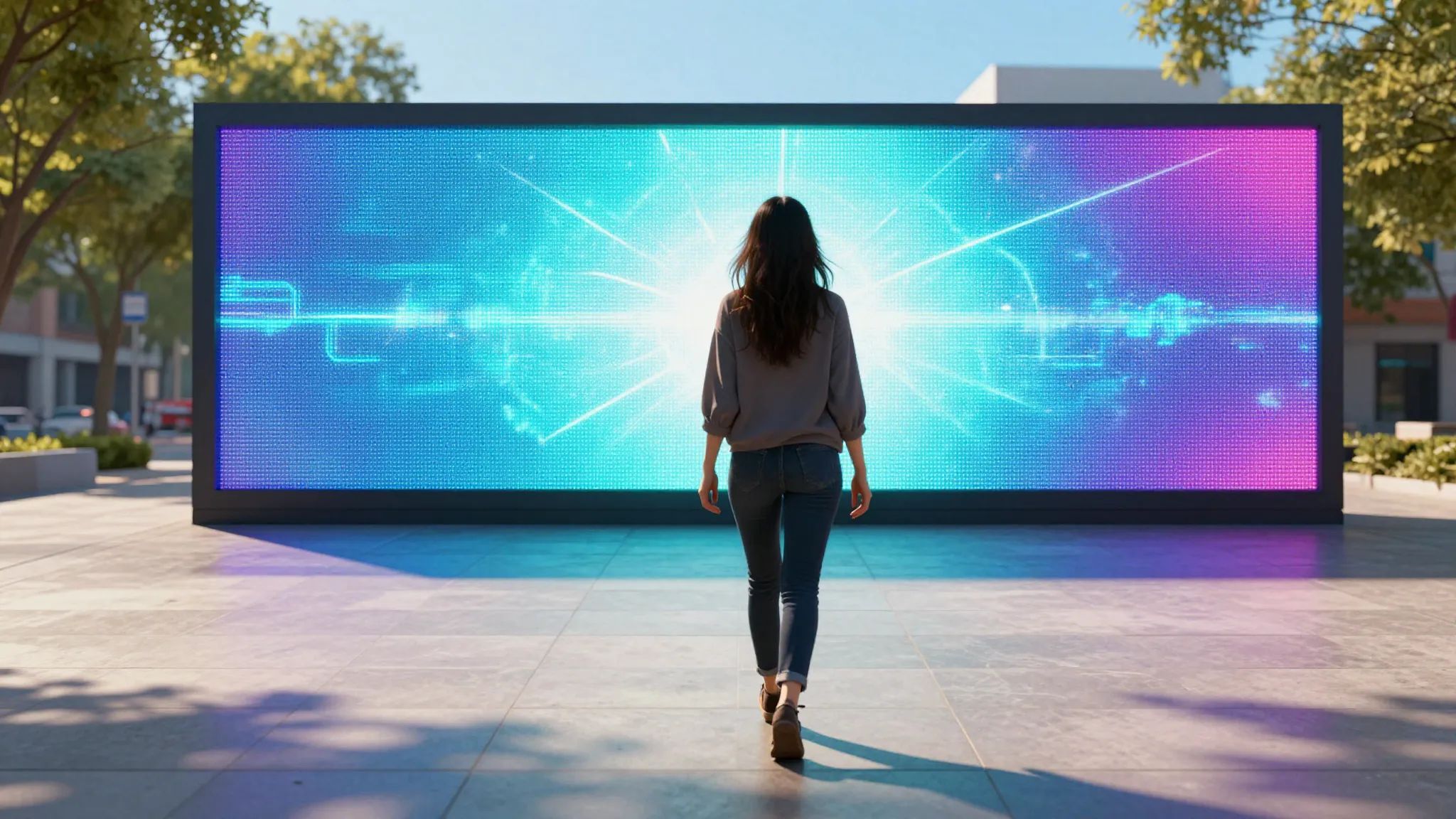 A woman walking away from a glowing digital screen into a br...