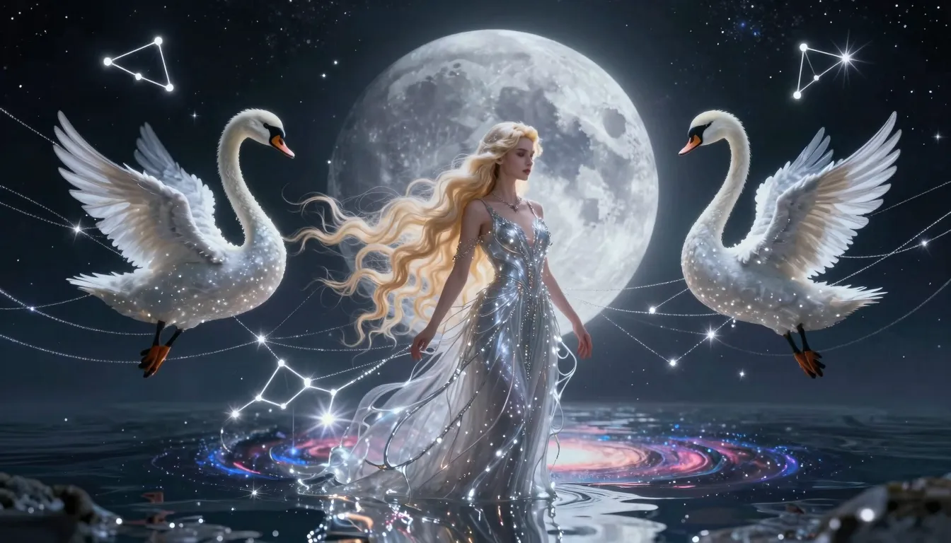Cinematic masterpiece of a Moon Goddess with long wavy blond...
